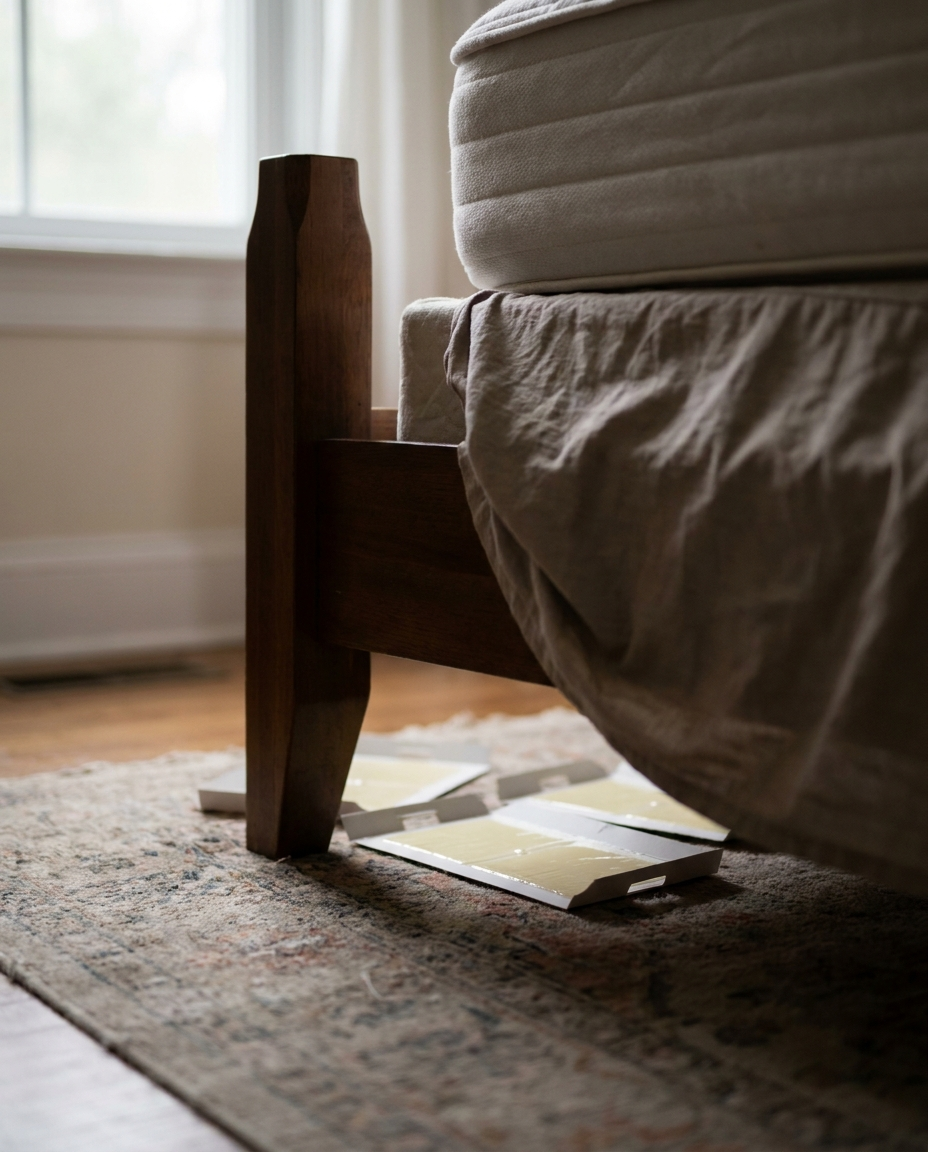 Sticky bed bug trap glue boards placed near a bed frame