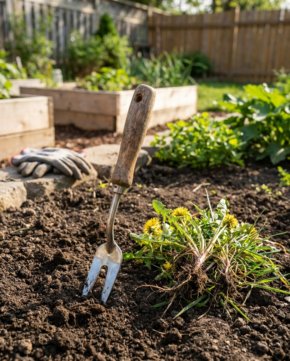 Stainless steel weed puller tool with wooden handle in a garden
