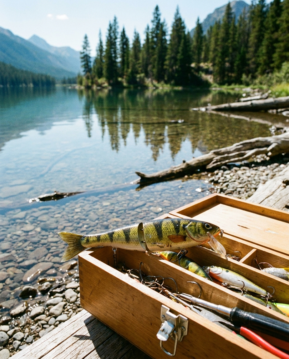 Fishing swimming lure resting on a tackle box beside a lake