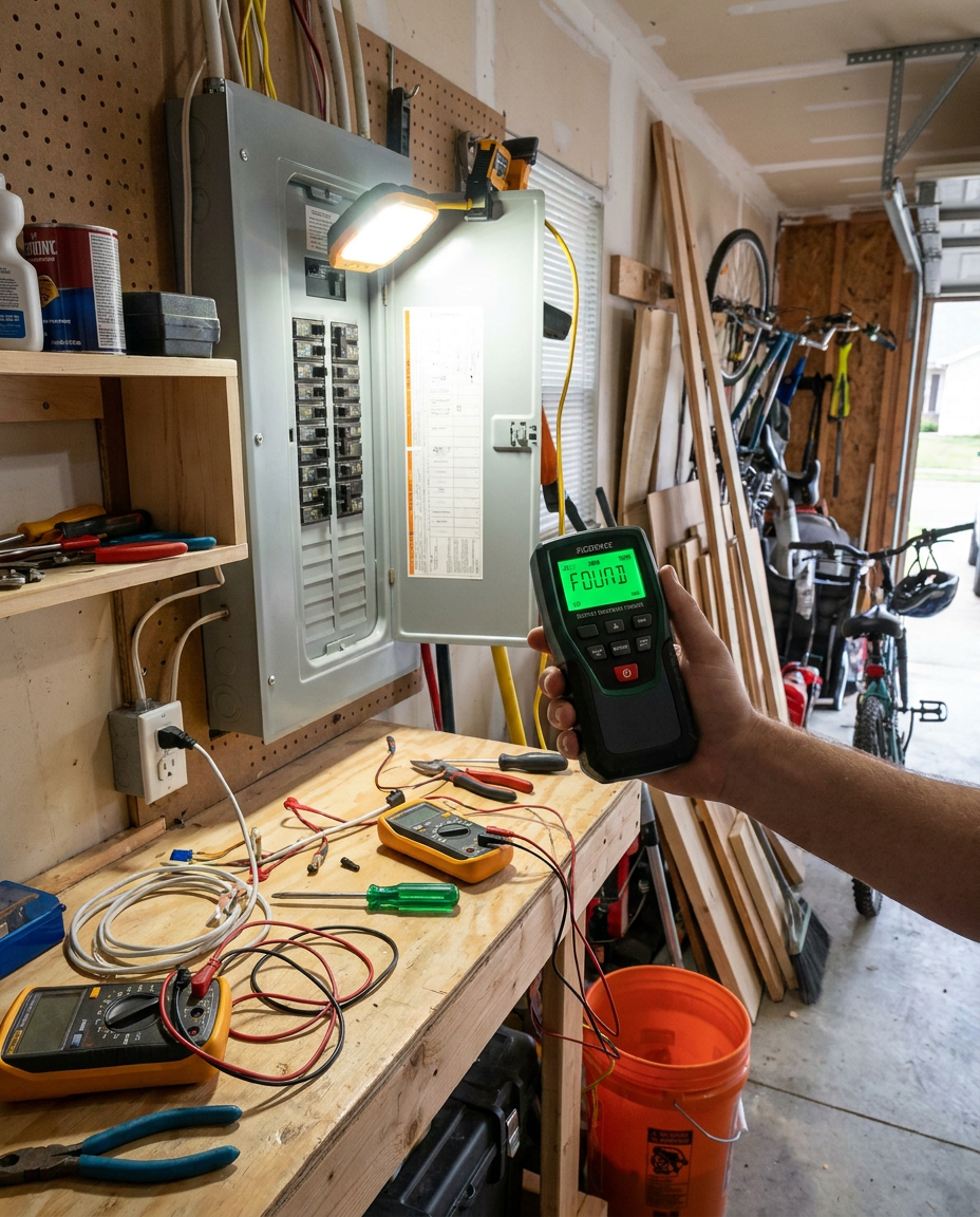 Circuit breaker finder in use at a home electrical panel