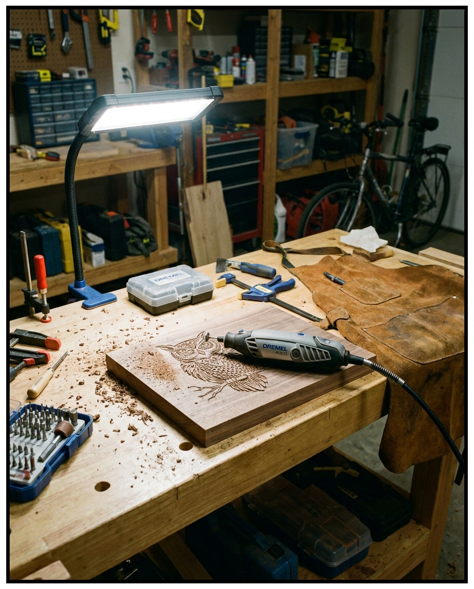 Rotary cutter engraving set in use on a wood workbench
