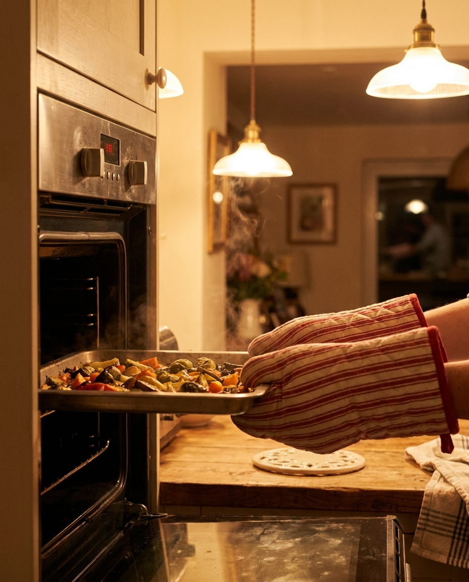 Heat-resistant oven gloves pulling a tray from the oven