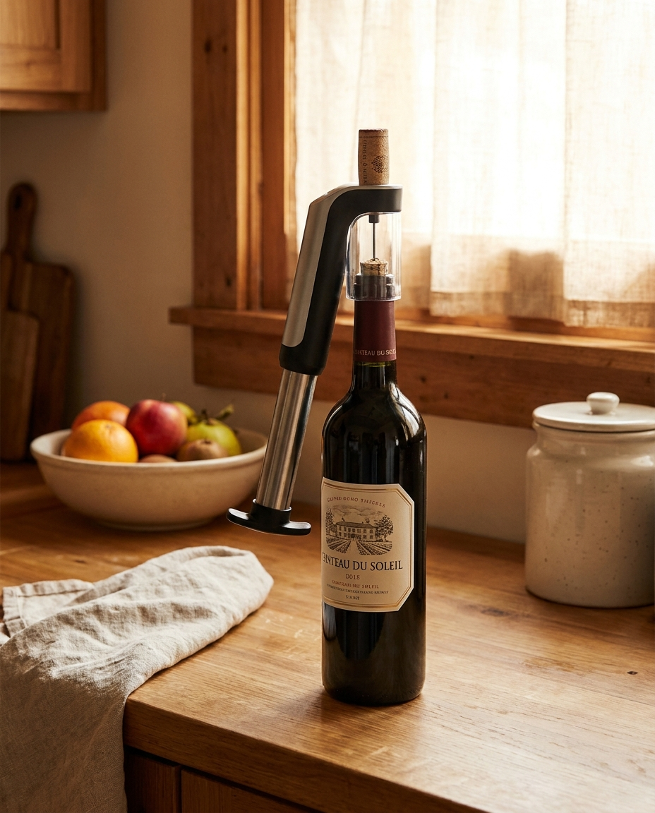 Air-assist wine bottle opening set in use on a kitchen counter