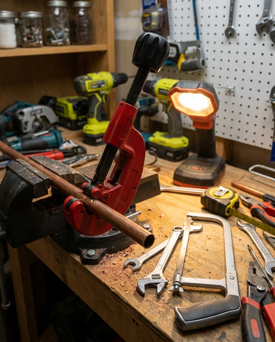 Pipe cutter tool cutting a copper pipe in a garage workshop