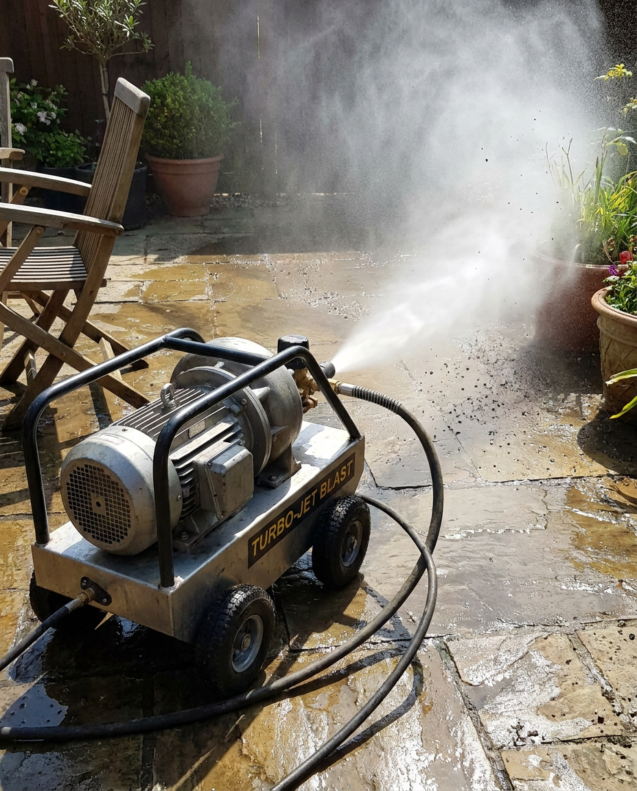 High-power jet turbofan portable electric washer cleaning a patio