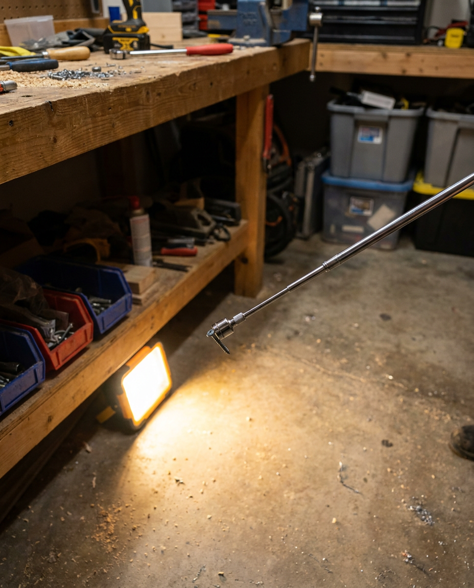 Magnetic telescopic pick-up tool retrieving a screw in a workshop