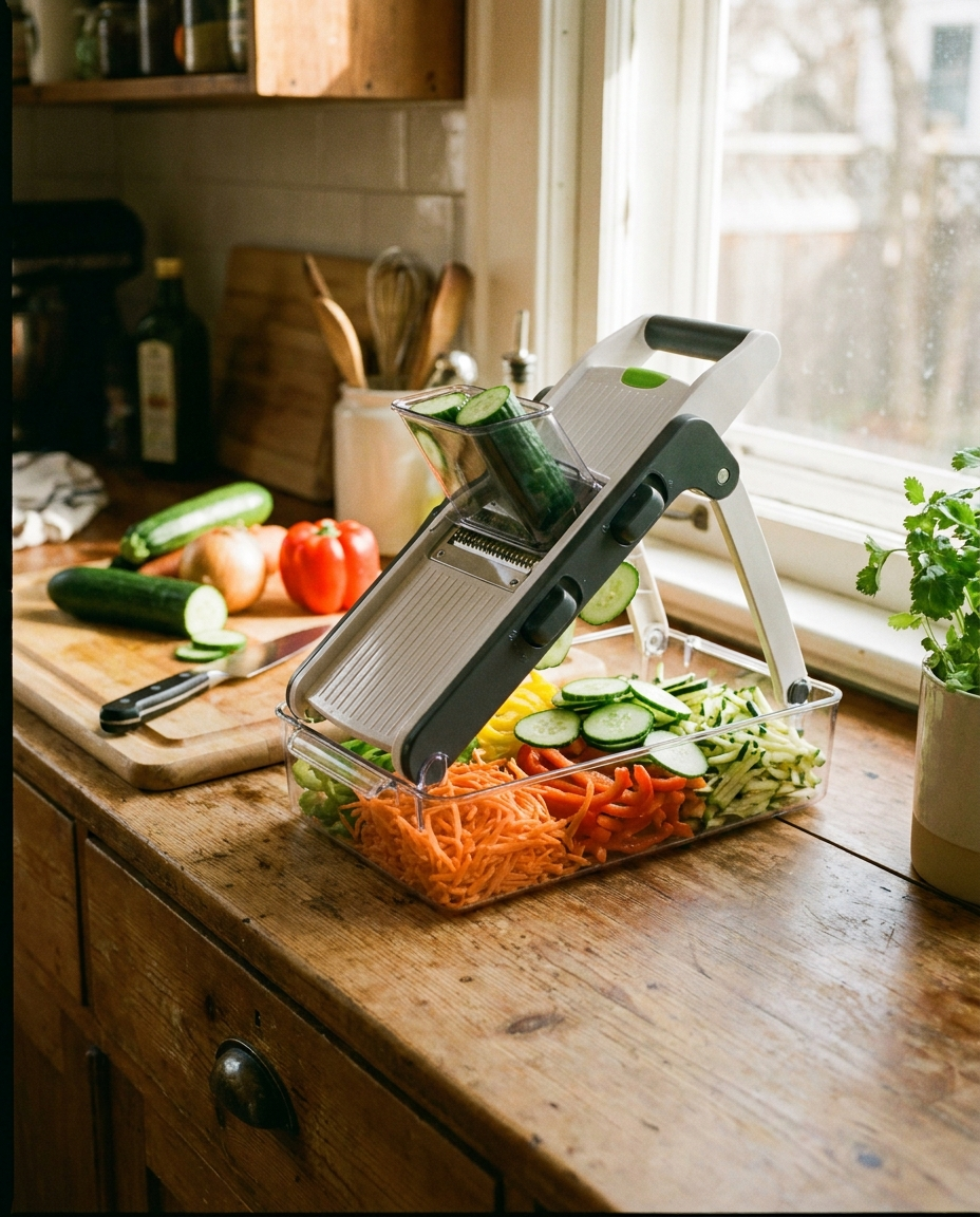 5-in-1 vegetable slicer with collecting tray in use during meal prep