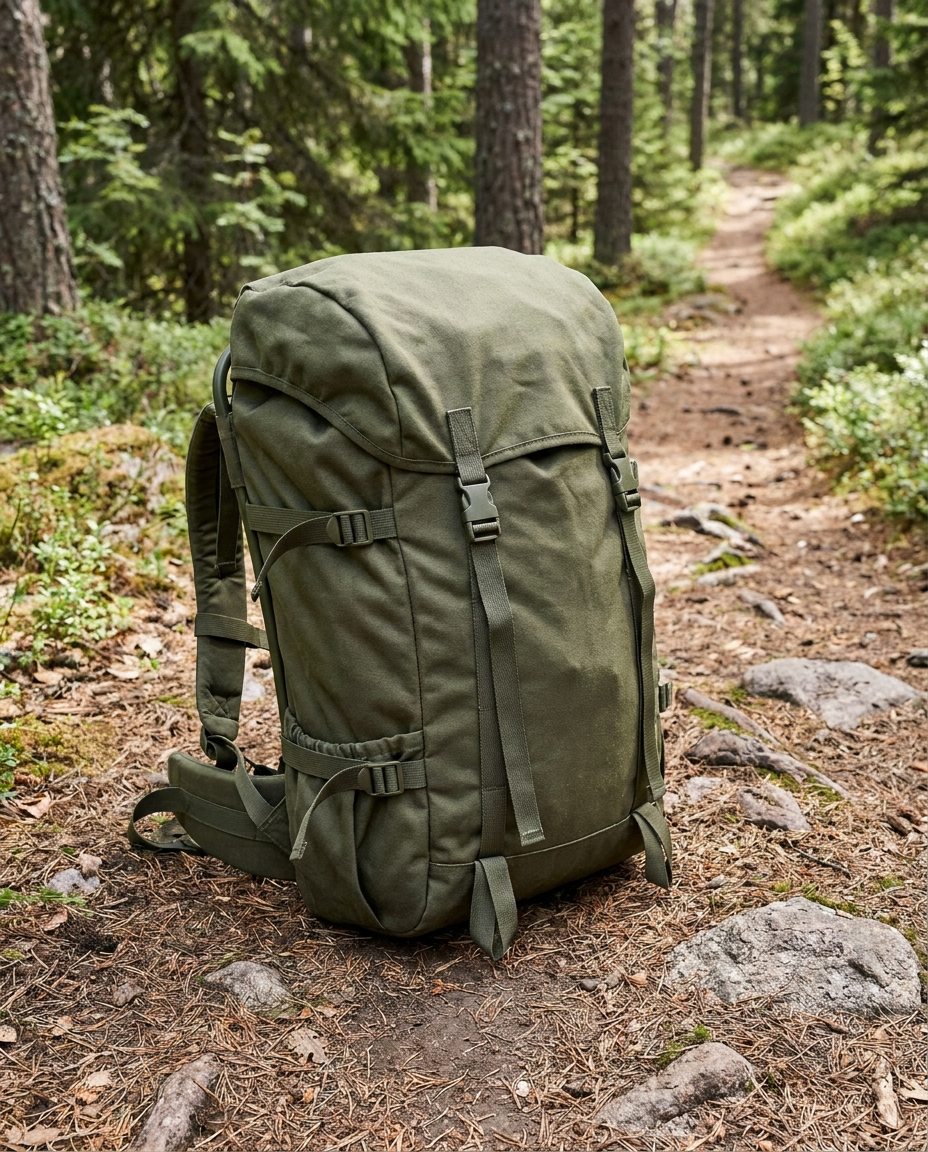 Structured rucksack with internal compression system on a hiking trail