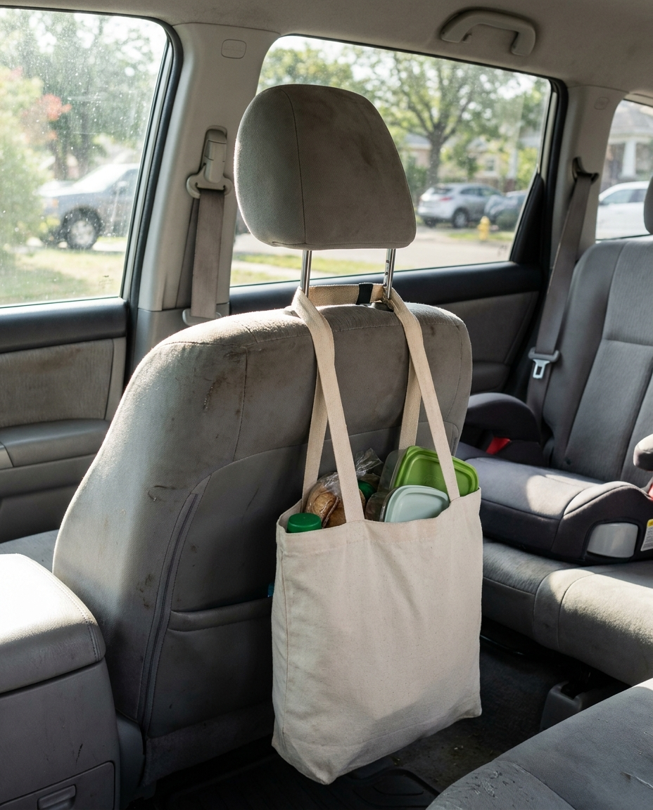 Car seat headrest hook holding a bag in the back seat
