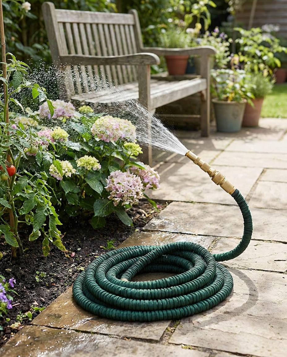 Flexible garden hose in use watering plants in a backyard