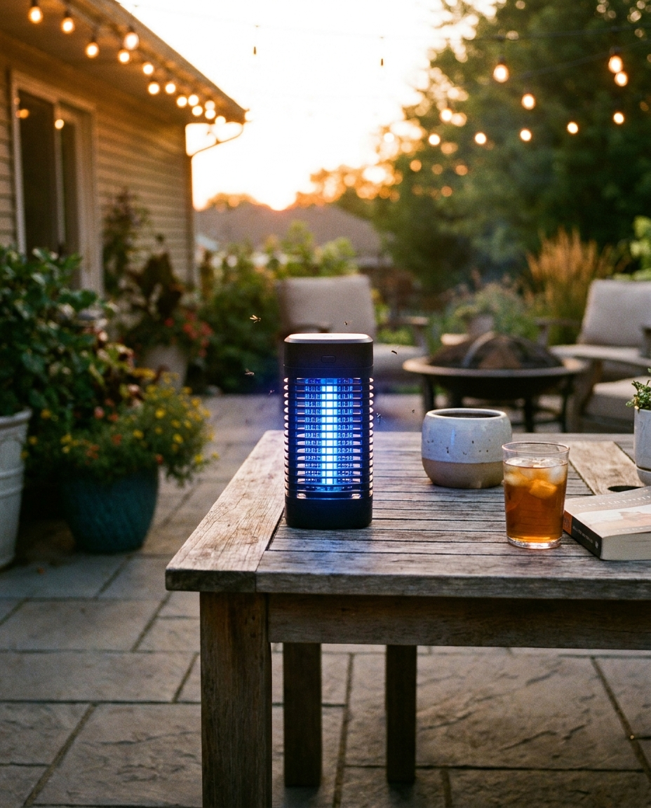 Compact USB mosquito zapper glowing on a patio table at dusk
