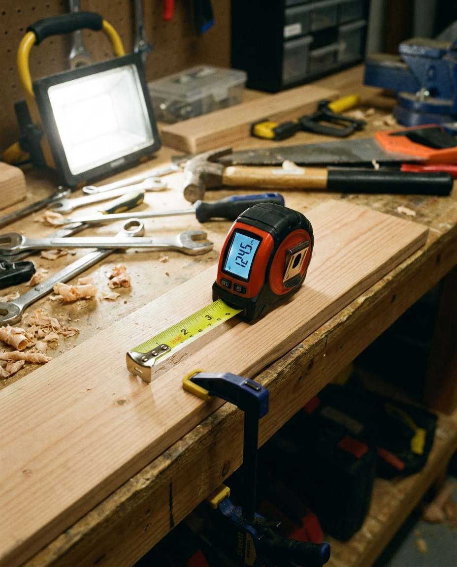 Smart digital tape measure with LCD display in use in a workshop