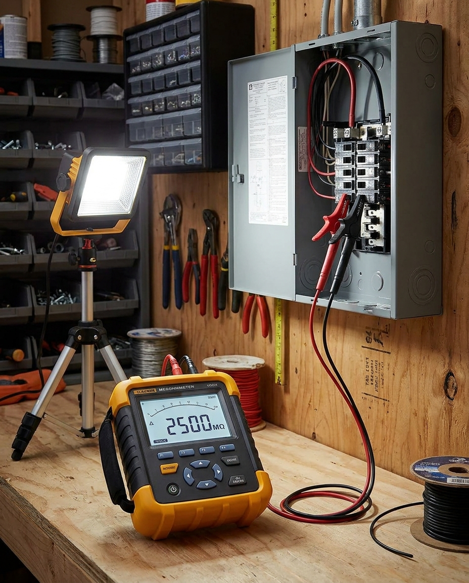 High resistance meter voltage tester connected to an electrical panel