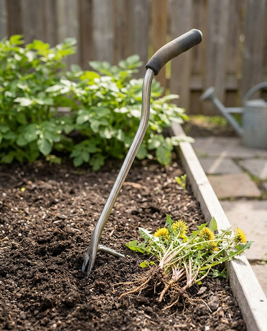 Heavy-duty ergonomic weed puller tool in a backyard garden