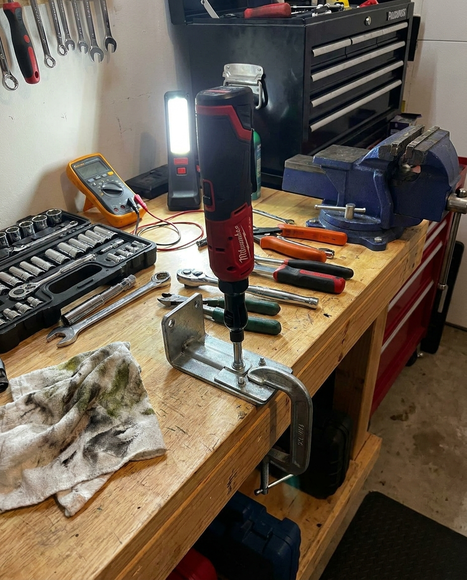 Electric wrench ratchet tightening a bolt in a garage workshop