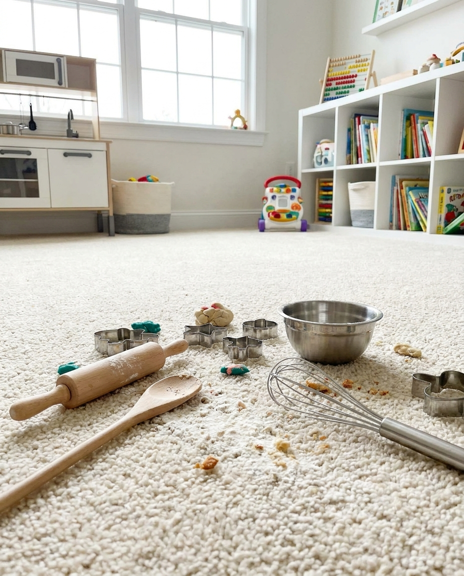 Children's junior cooking tool set staged in a playroom
