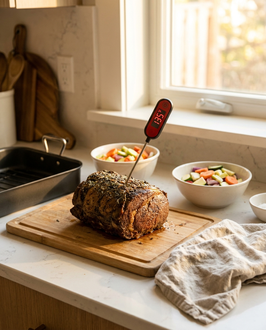 Digital food thermometer in use on a kitchen counter