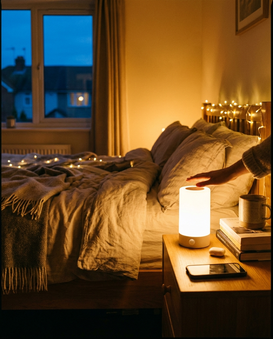 Motion-activated LED lamp glowing on a bedroom nightstand