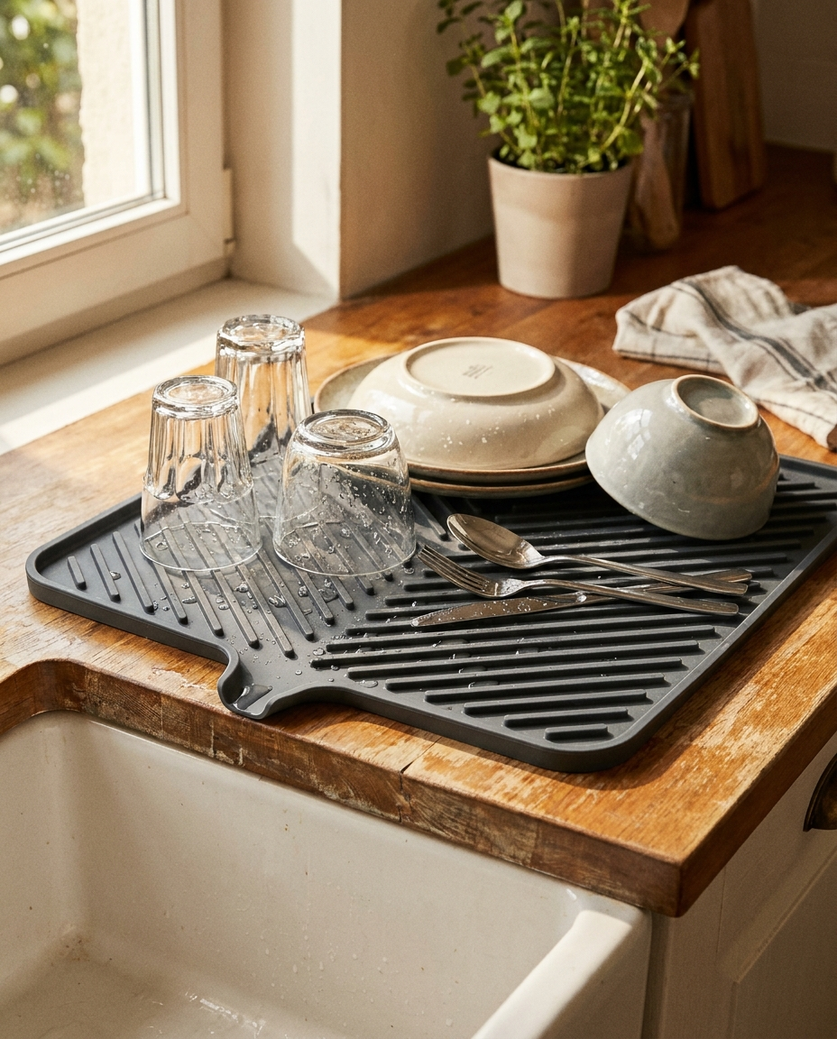 Silicone dish drying mat with drain design holding wet dishes