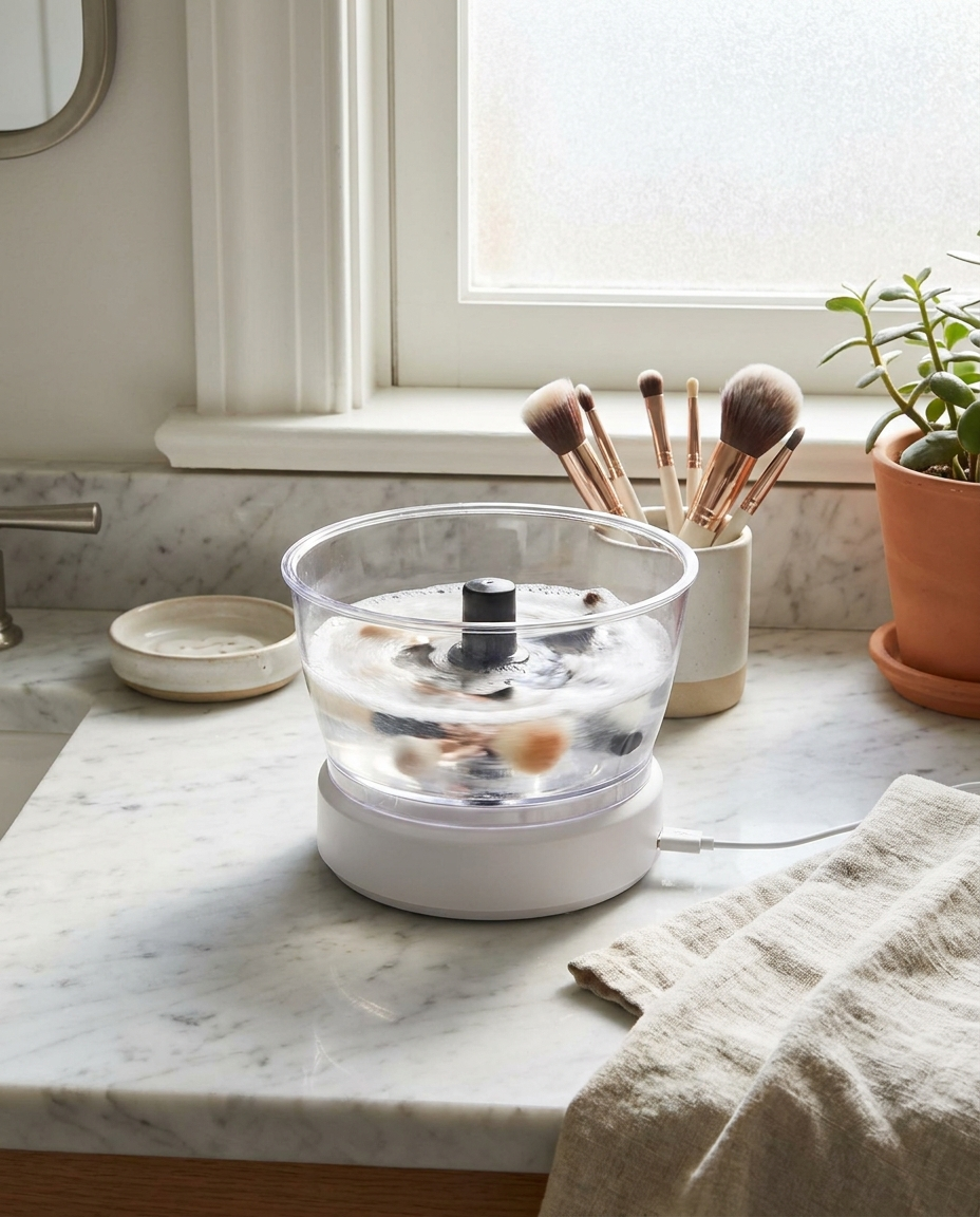 Automatic electric makeup brush cleaner on a bathroom vanity