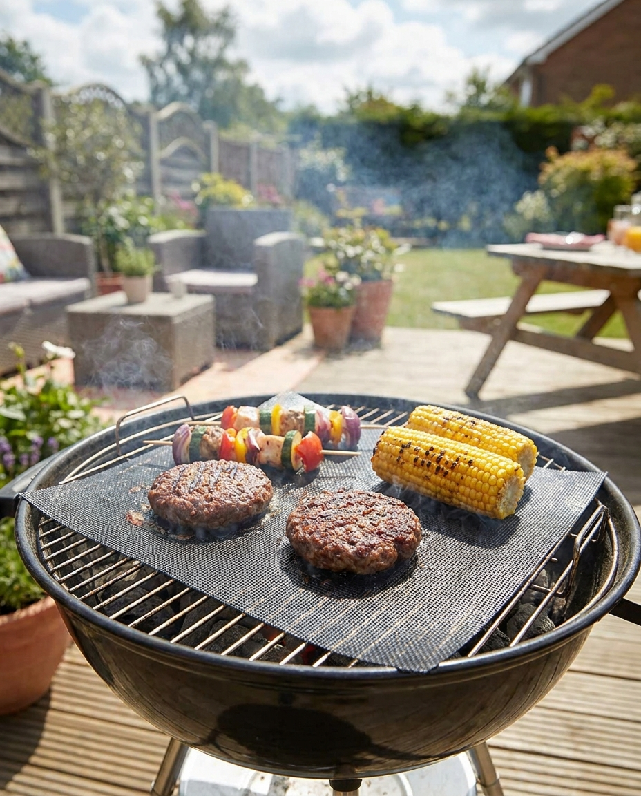 Non-stick BBQ grill mesh mat with food cooking on an outdoor grill