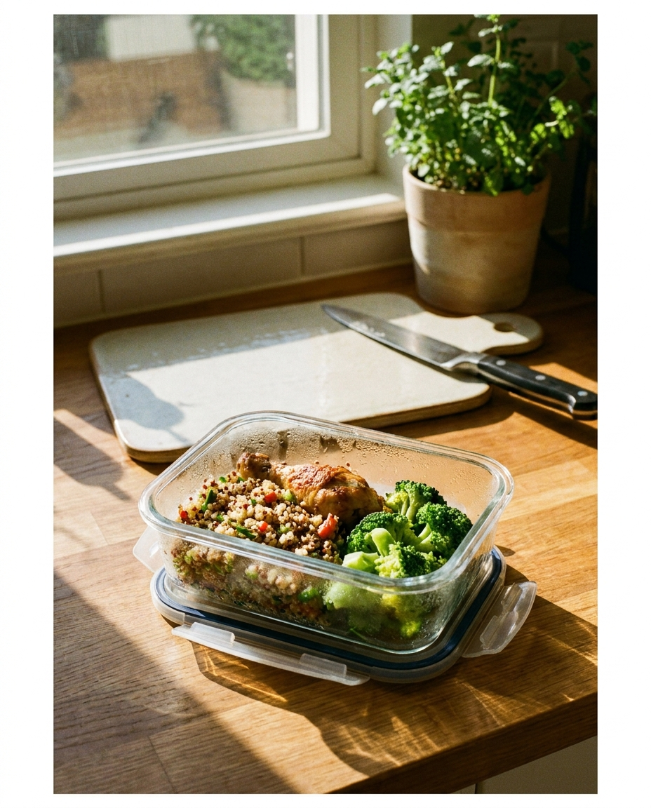 Meal storage container filled with prepped food on a kitchen counter