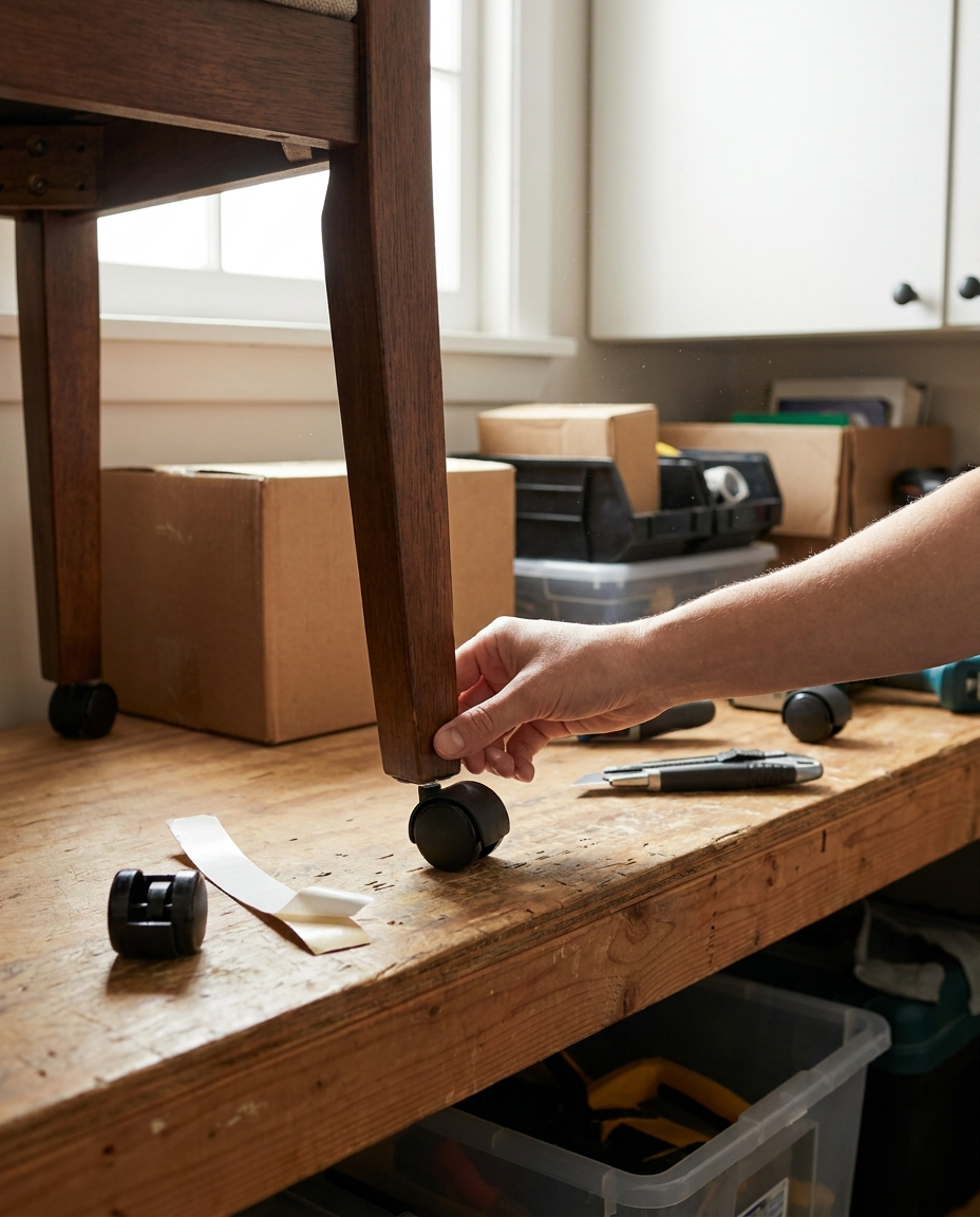 Self-adhesive all-purpose castor being applied to a furniture leg