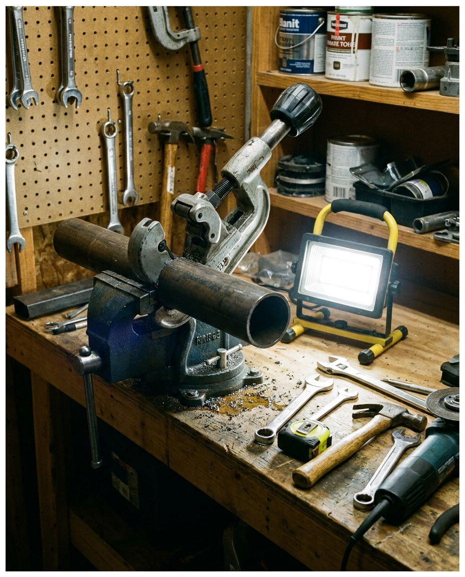 Heavy-duty pipe cutter cutting a metal pipe in a garage workshop