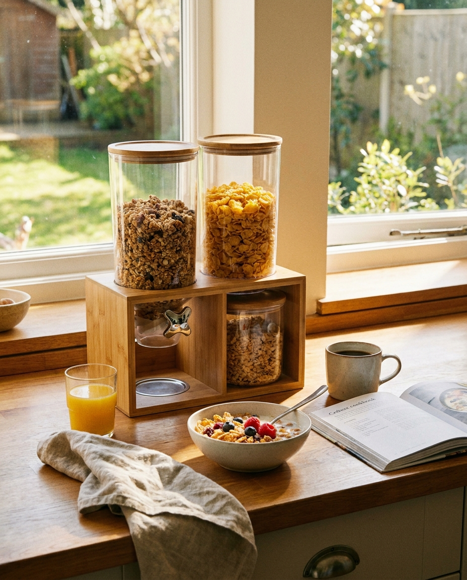 Bamboo cereal dispenser and food storage container on a kitchen counter