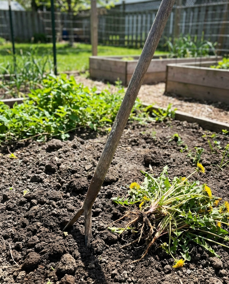 V-shaped weed puller tool with long handle in a backyard garden