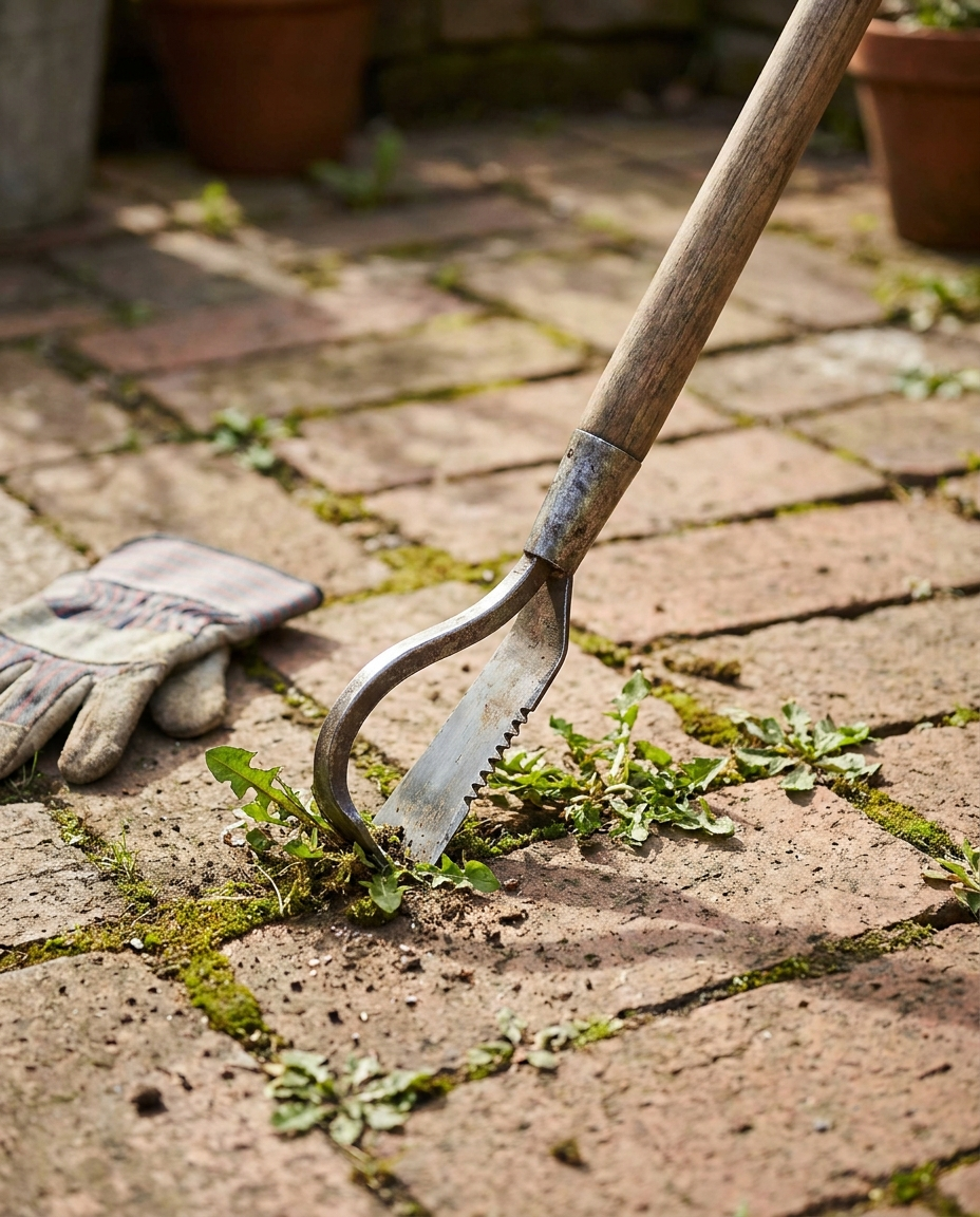 Weed puller tool clearing weeds from brick patio joints