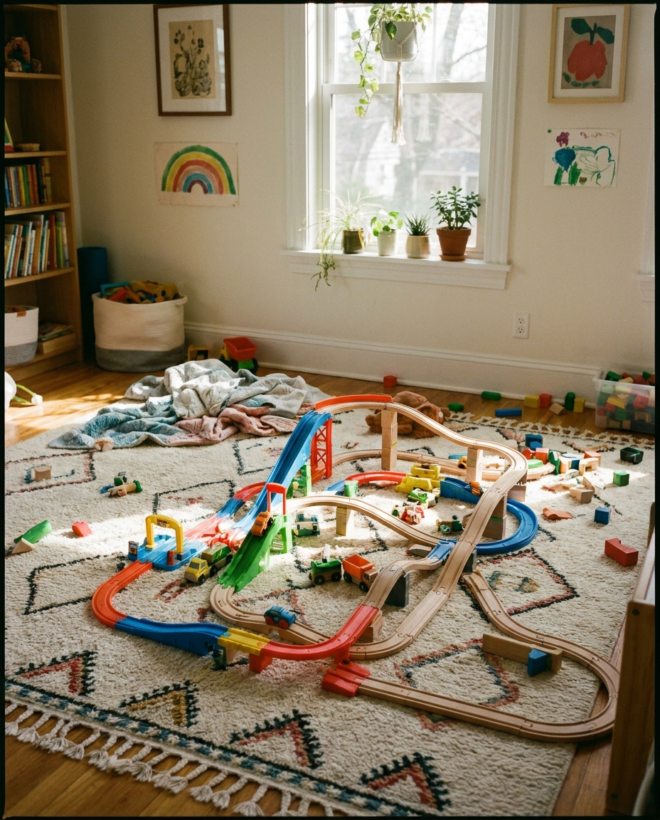 Children's mechanical vehicle track game staged in a playroom