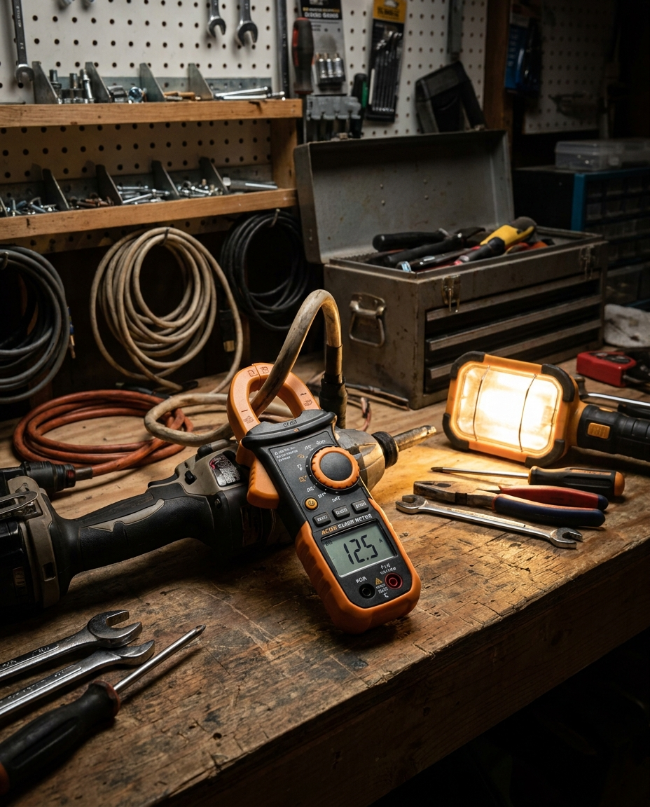AC DC clamp electric meter testing current in a garage workshop