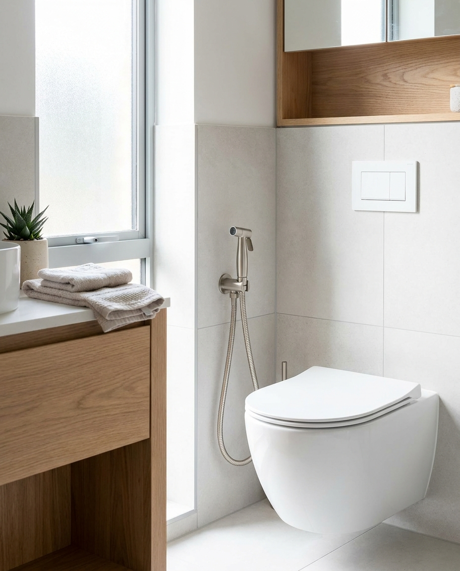 Handheld bidet sprayer mounted in a modern bathroom