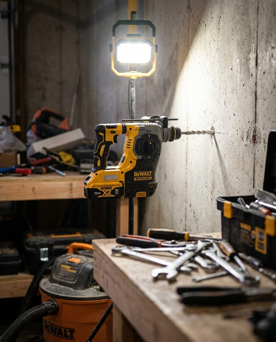 Brushless cordless rotary hammer drill drilling into concrete