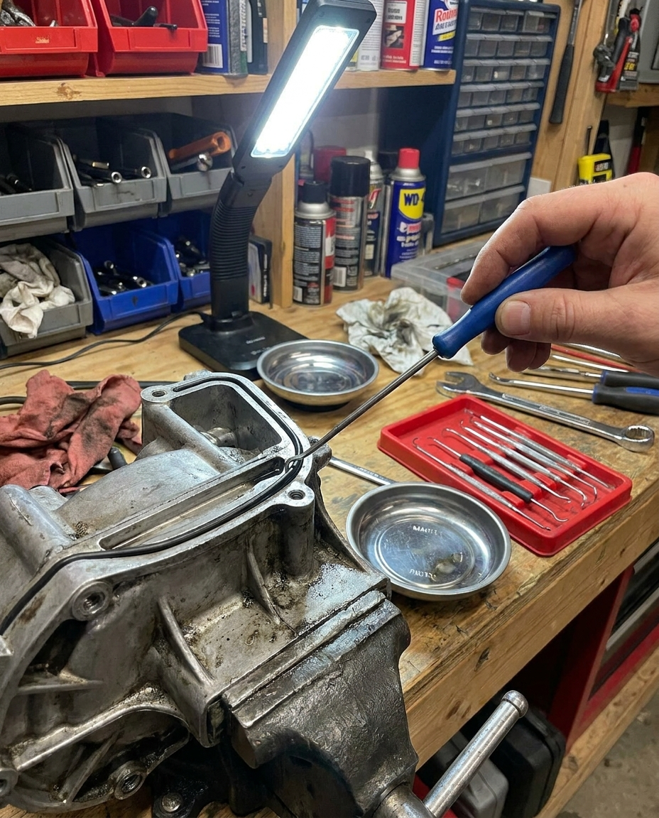 O-ring pick and extractor tool set in use on a workbench