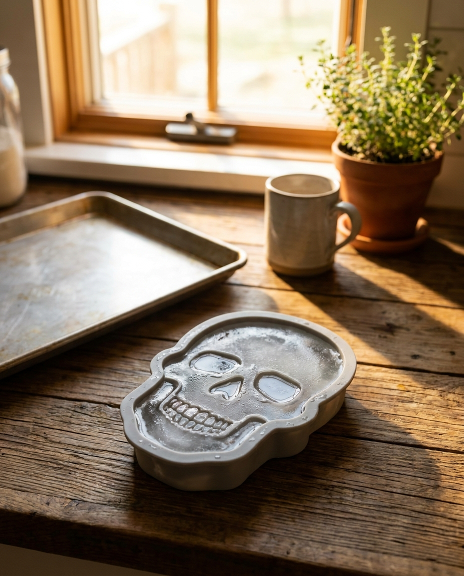 Skull-shaped ice cube tray filled with water on a kitchen counter
