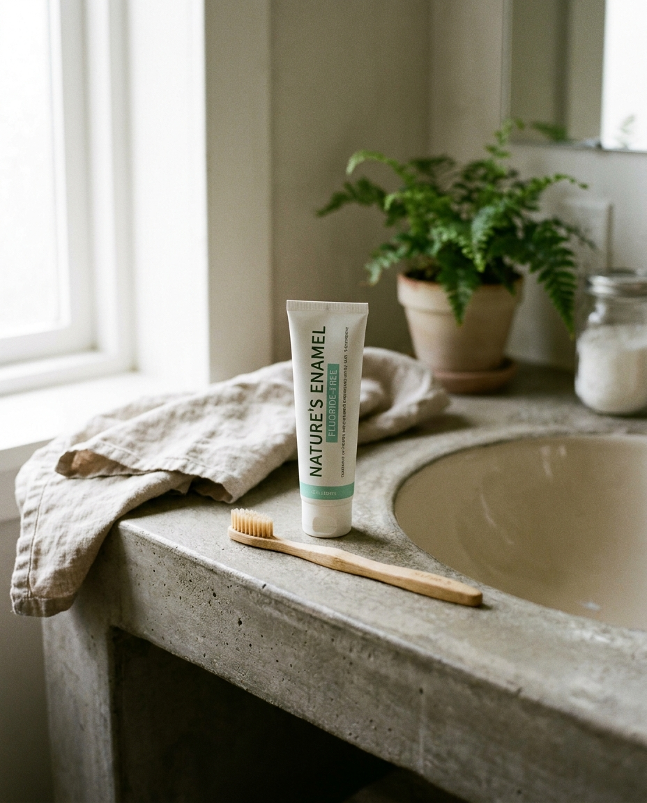 Fluoride-free enamel toothpaste on a bathroom sink counter