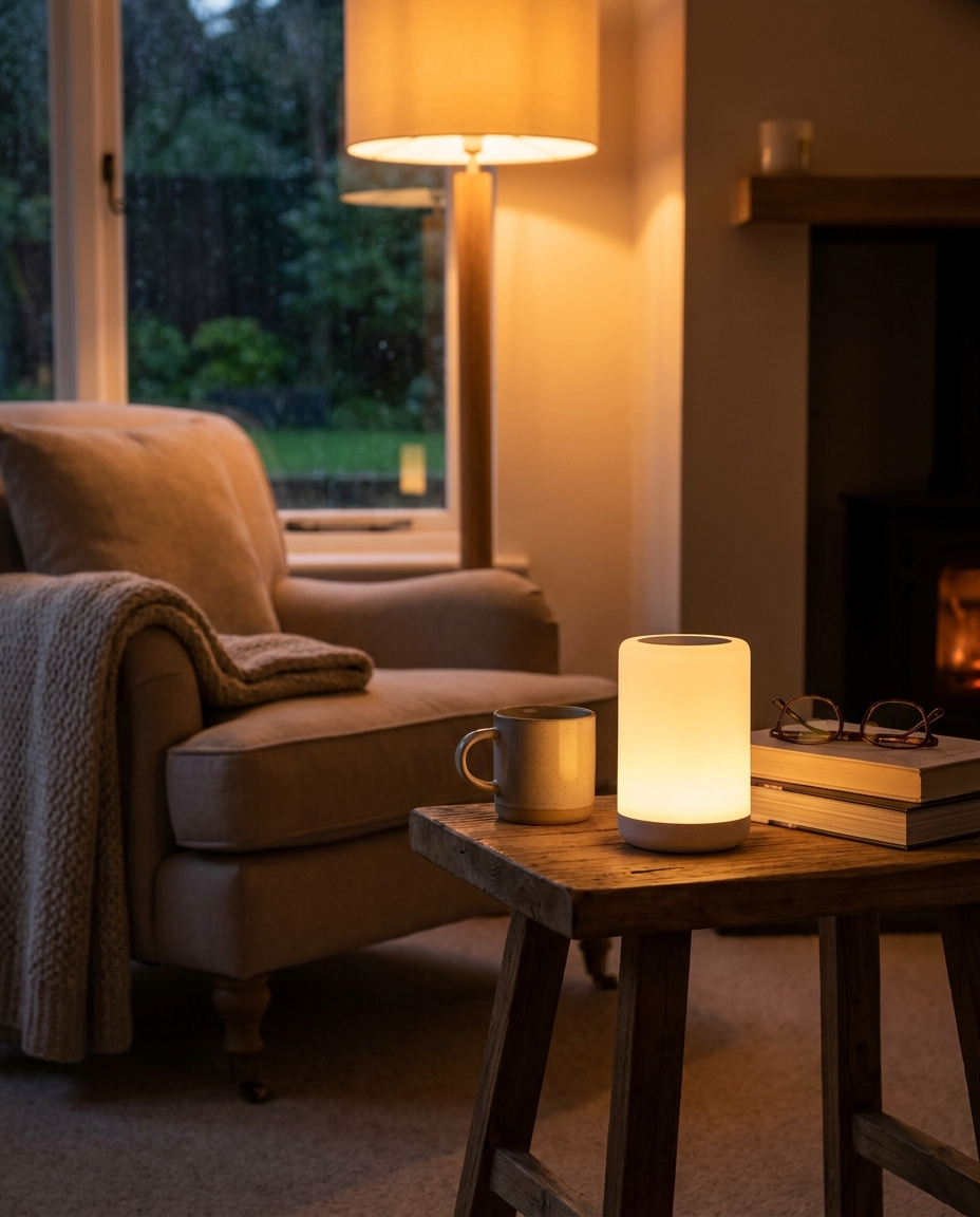 Cordless waterproof LED table lamp glowing in a cozy living room