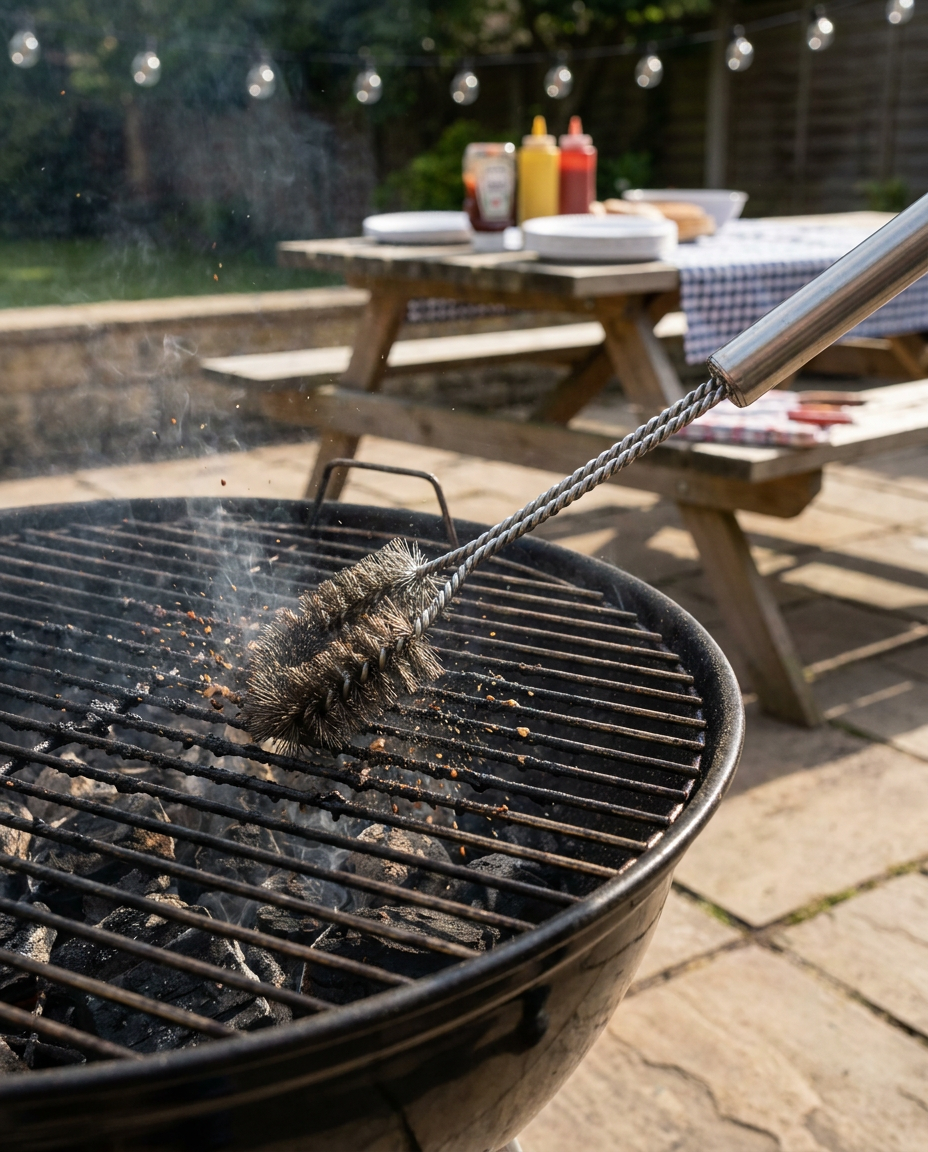 Stainless steel barbecue grill brush cleaner scrubbing a hot grill grate