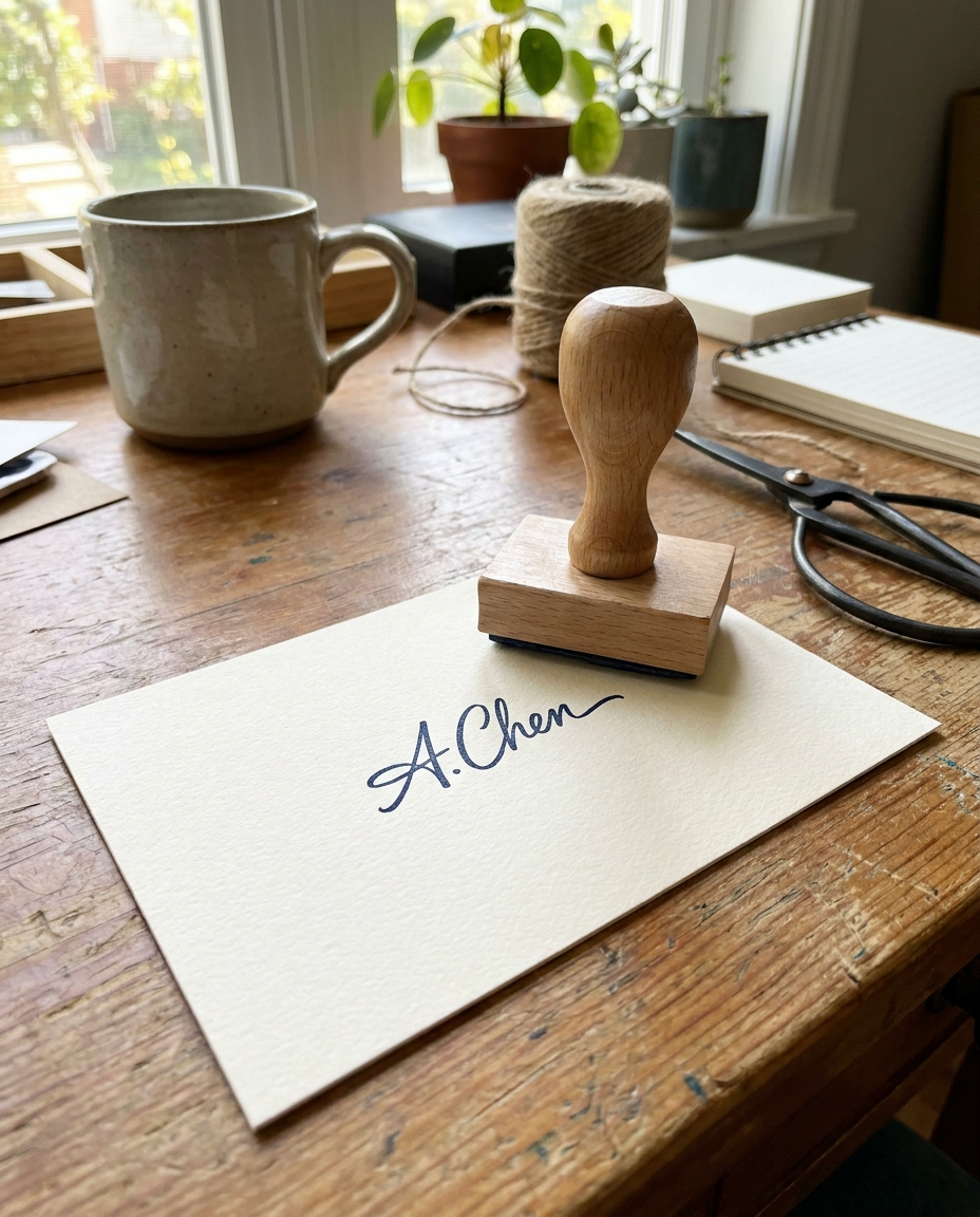 Custom signature stamp pressed onto paper on a home desk