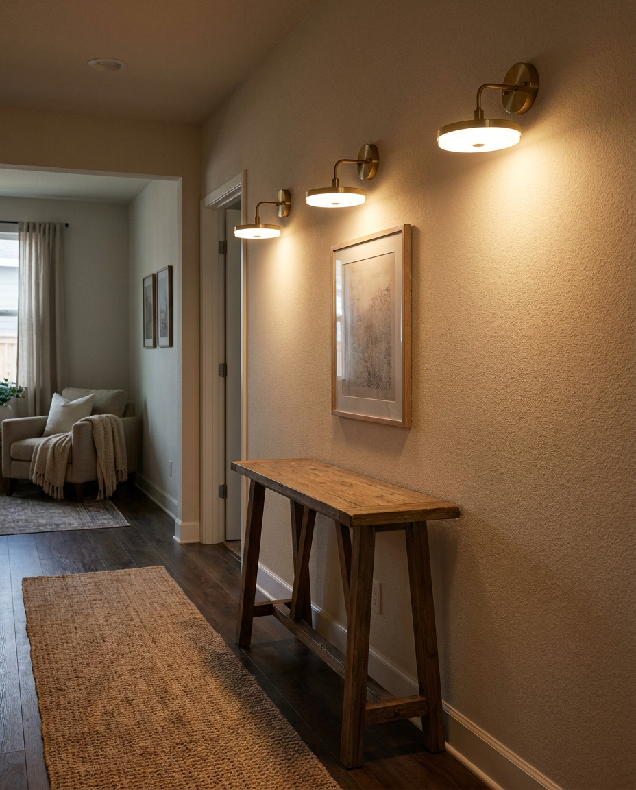 Wireless wall lights mounted and glowing in a hallway