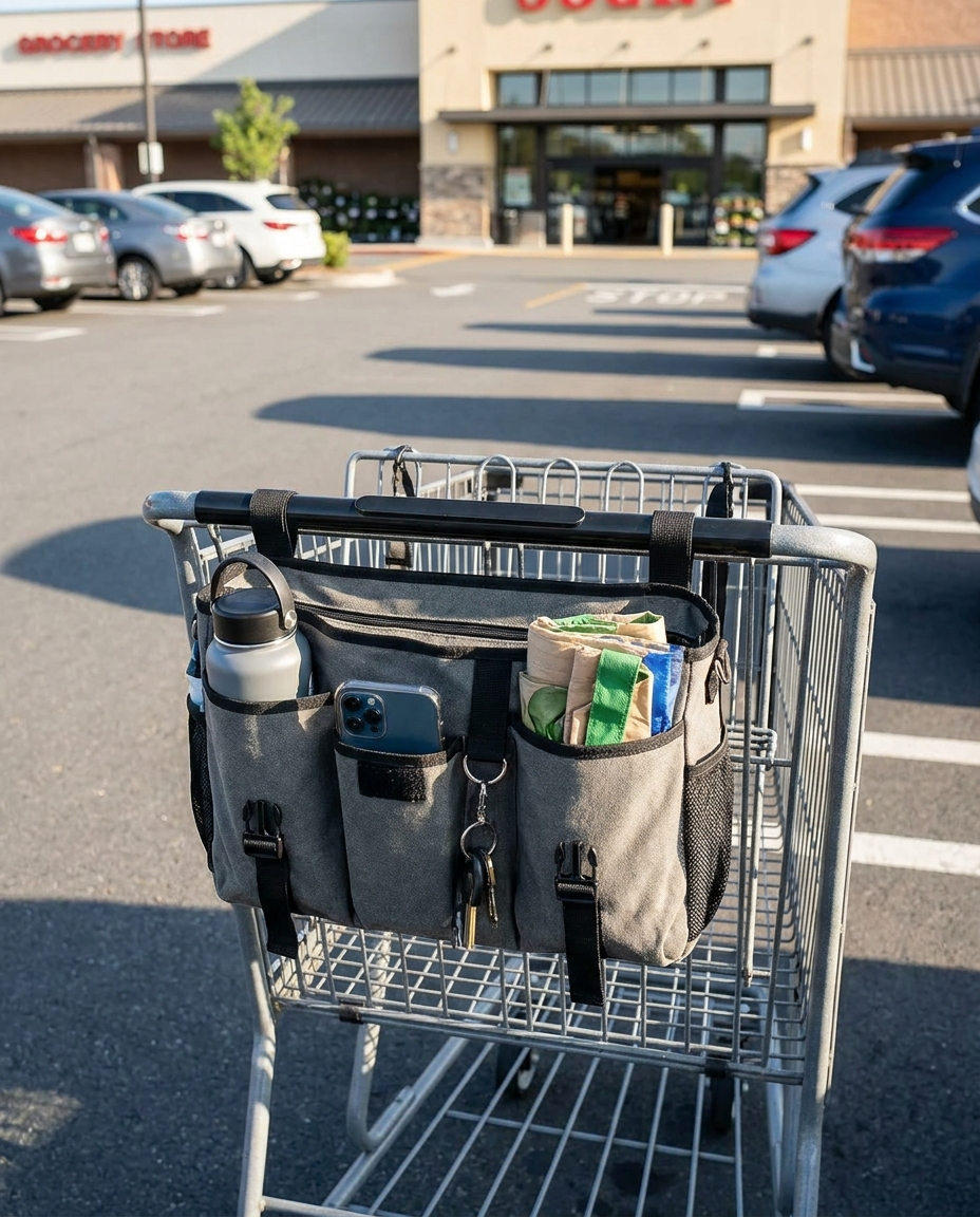 Shopping cart organizer bag attached to a cart handle
