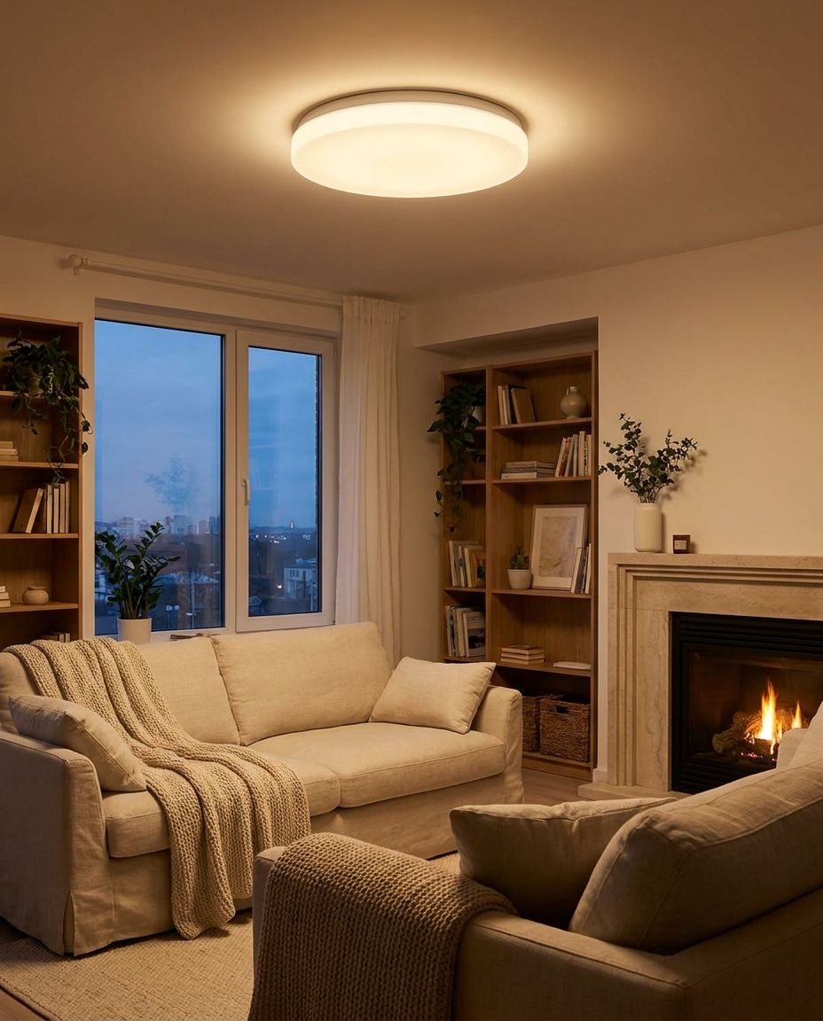 LED ceiling light glowing warmly in a living room
