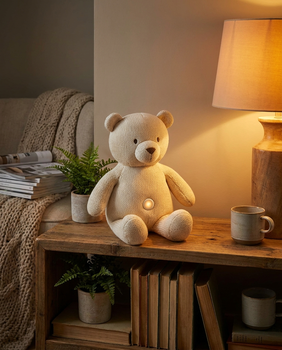 Plush toy with rhythmic sound displayed on a living room shelf