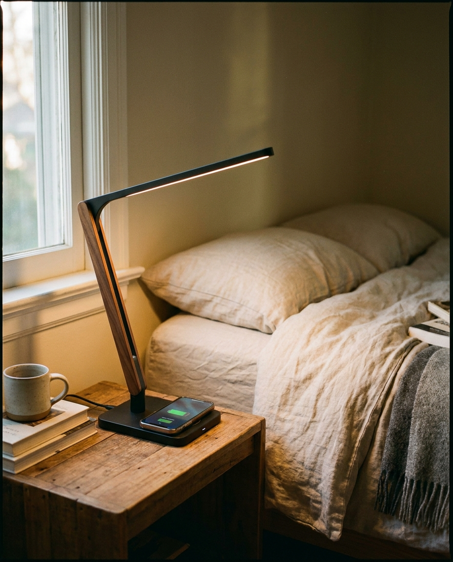 Contemporary adjustable LED table lamp glowing on a nightstand