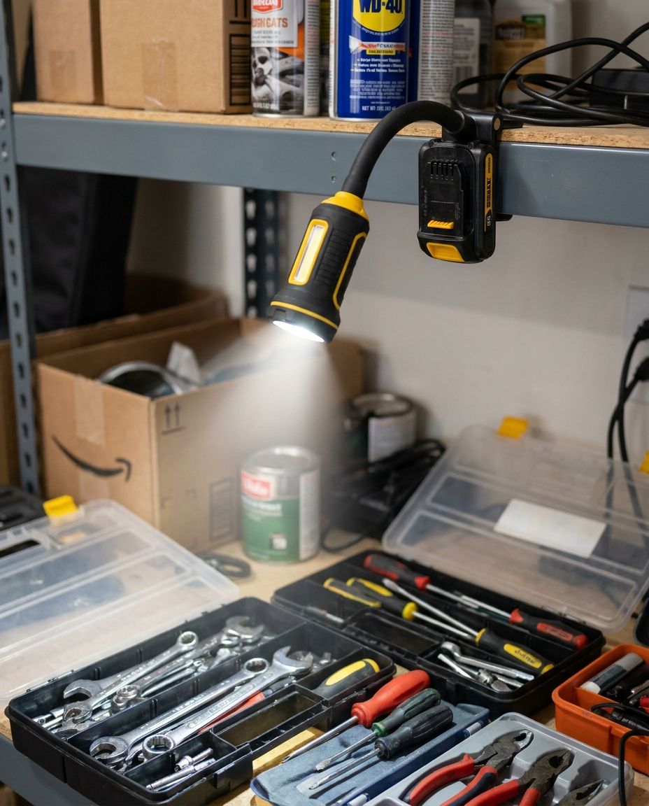 Magnetic LED work light clipped onto a garage shelf