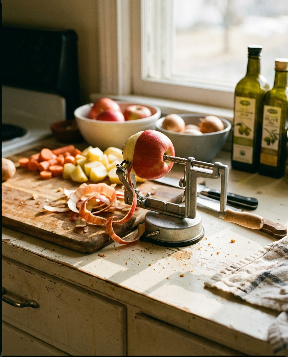 Apple and vegetable peeler in use on a kitchen counter