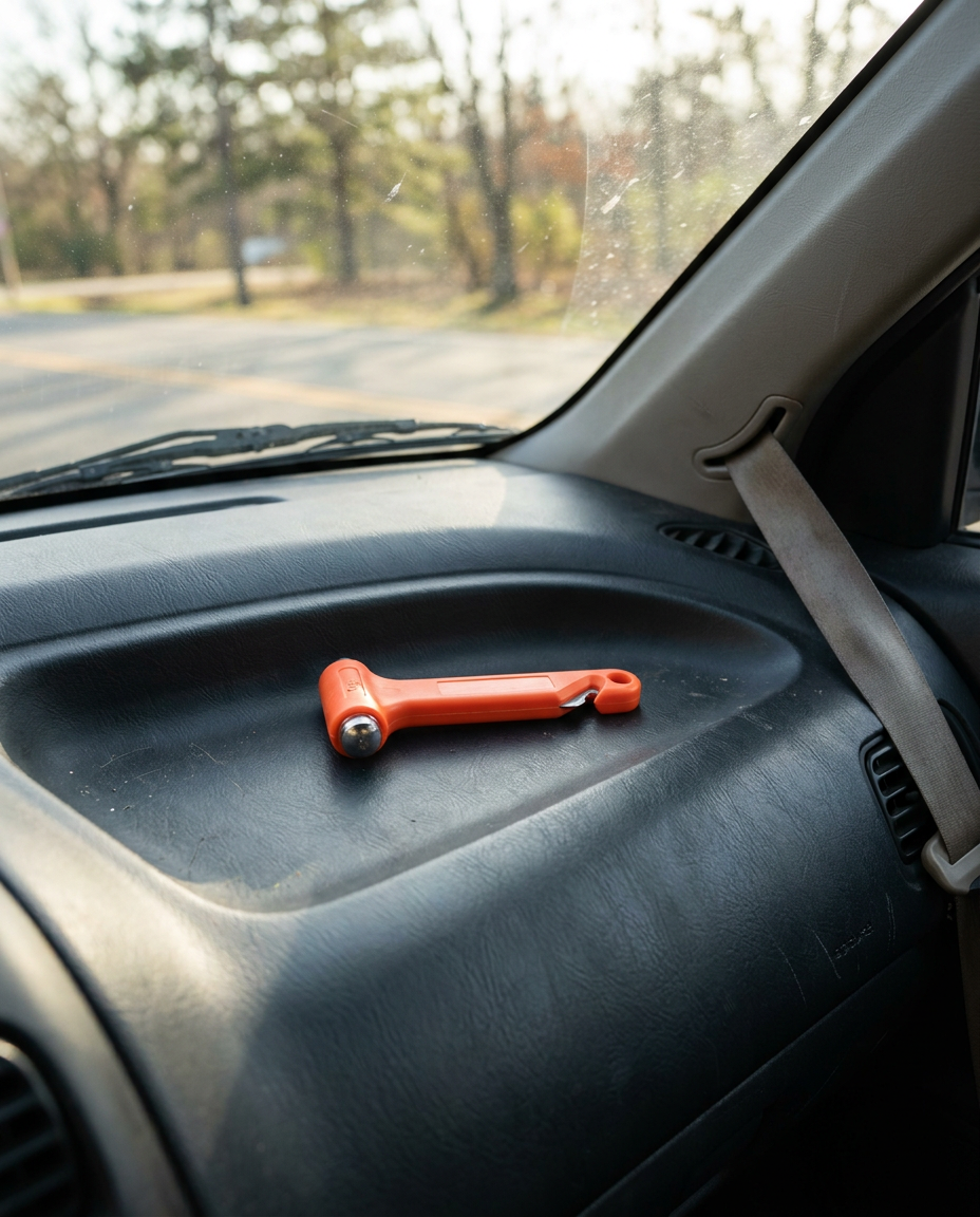 Compact safety hammer on a car dashboard