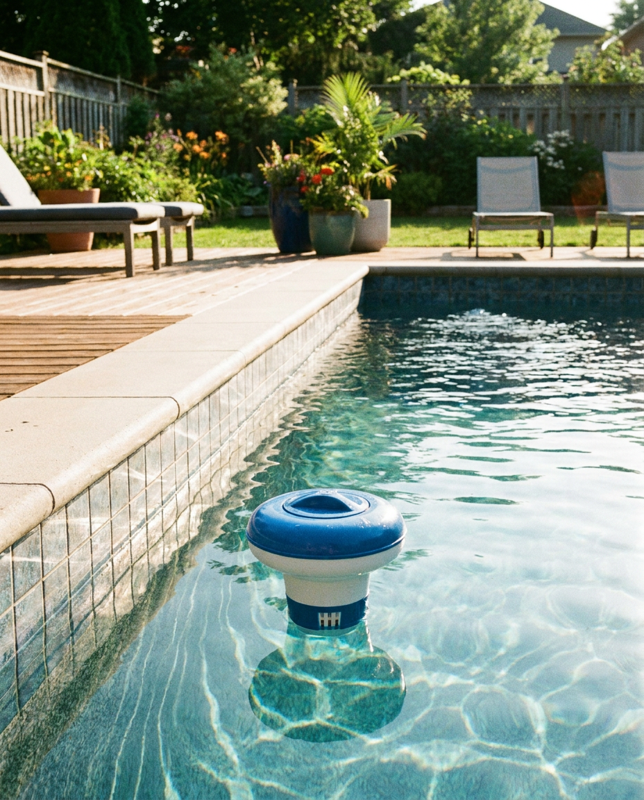 Adjustable pool chlorine floater floating in a backyard pool